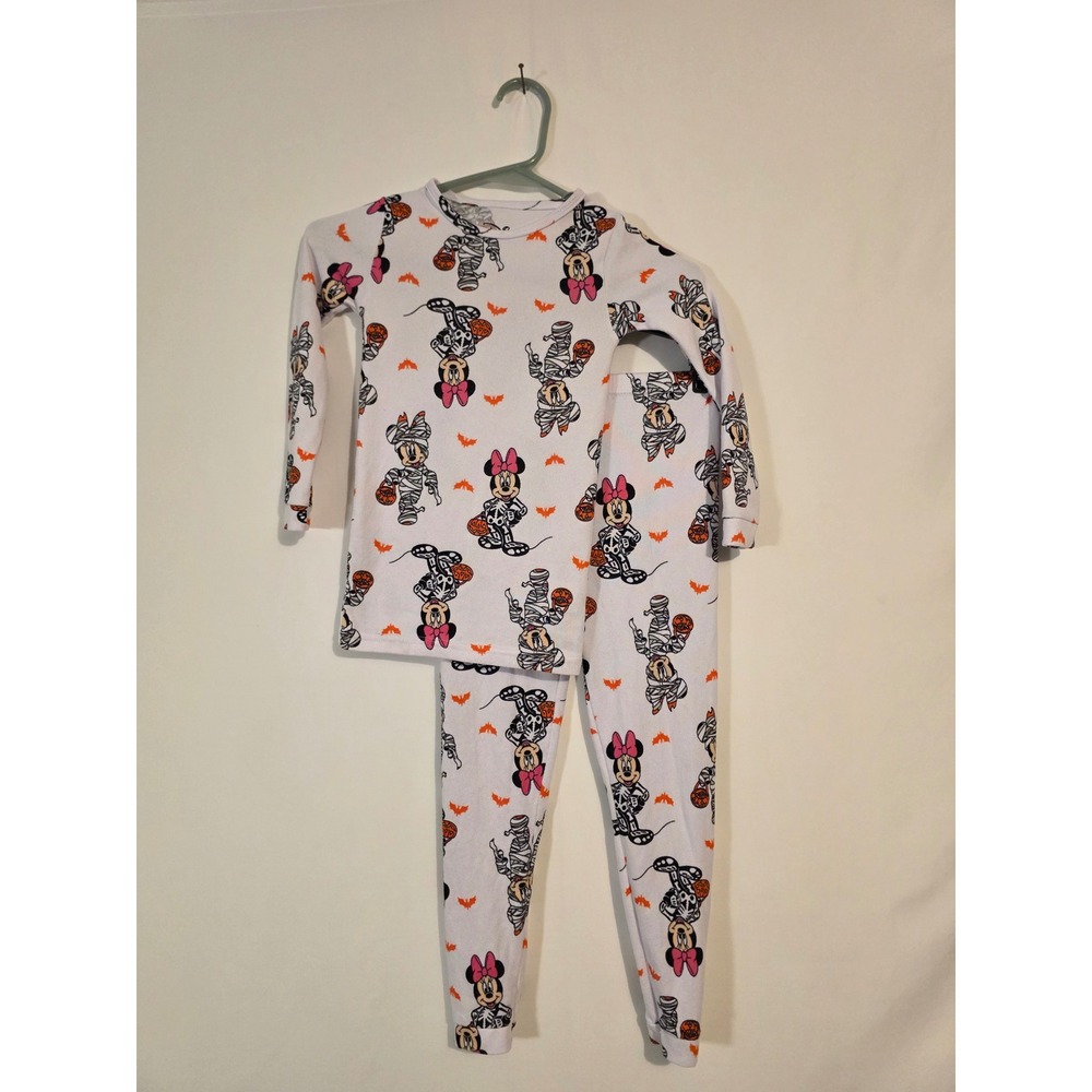 Disney Minnie Mouse Halloween Pajama Set Girls Size 6 Mummy Skeleton Bats White